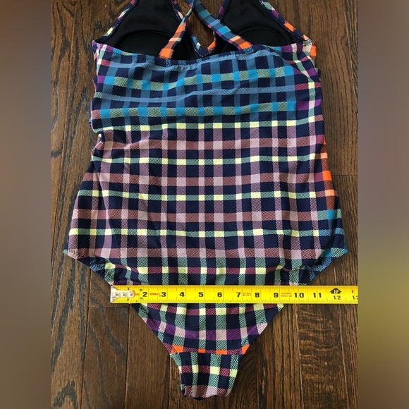 Motherhood Maternity M Checkered Orange/Blue One Piece w/Cross Straps & Bow NWOT - Picture 8 of 12